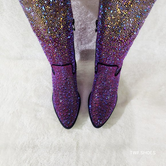 Western Glow Multi Purple Ombre Rhinestone Disco Cowgirl Knee Boots - Picture 9 of 17
